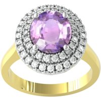 9ct White & Yellow Gold Amethyst & Diamond Double Halo Cluster Ring - Ring Size D