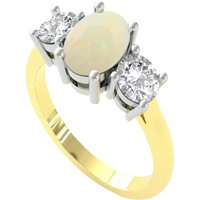 18ct Yellow Gold Oval Opal & 0.72ct Diamond 3 Stone Ring - Ring Size A.5