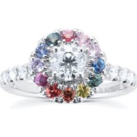 18ct White Gold Diamond & Rainbow Sapphire Halo Ring - Ring Size L.5