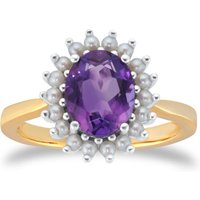 9ct Yellow & White Gold Amethyst & Fresh Water Pearl Cluster Ring - Ring Size J