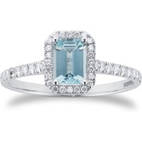9ct White Gold Aquamarine & Diamond Halo Ring with Diamond Shoulders - Ring Size J