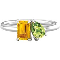 18ct White Gold Moi Et Toi Pear Peridot & Rectangular Citrine Ring - Ring Size Y.5