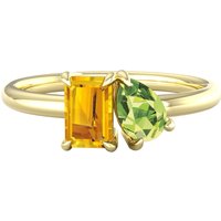 9ct Yellow Gold Moi Et Toi Pear Peridot & Rectangular Citrine Ring - Ring Size V.5