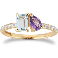 9ct Yellow Gold Moi Et Toi Pear Amethyst & Rectangular Aquamarine Ring - Ring Size D