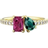 18ct Yellow Gold Moi Et Toi Pear Green Tourmaline & Rectangular Pink Tourmaline Ring - Ring Size F