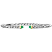 Micro Cable Flex® Bracelet In Sterling Silver With 14ct Yellow Gold And Emeralds, 2.6mm - Size Small
