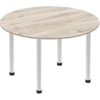 Impulse 1200mm Round Table Grey Oak Top Brushed Aluminium Post Leg