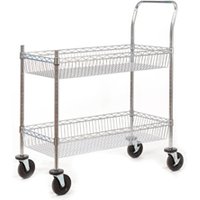 Wire Trolley; 2 Shelves Fixed/Swivel Castors Chrome Plated Wire Silver