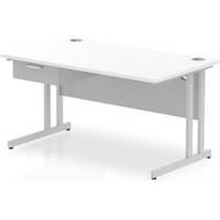 Impulse 1400x800 Desk Cantilever Leg White/Silver 1x1 Drawer Fixed Ped