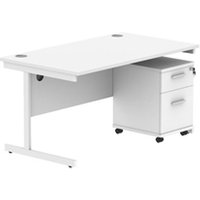 Single Upright Rectangular Desk + 2 Drawer Mobile Under Desk Pedestal | 1400X800 | Arctic White/White