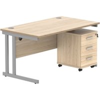 TC Office Double Upright Rectangular Desk + 3 Drawer Mobile Under Desk Ped - 1400x800 - Canadian Oak/Silver