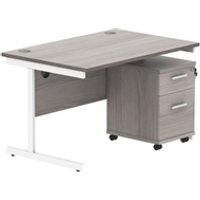 Single Upright Rectangular Desk + 2 Drawer Mobile Under Desk Pedestal | 1200X800 | Alaskan Grey Oak/White