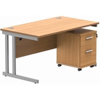 TC Office Double Upright Rectangular Desk + 2 Drawer Mobile Under Desk Ped - 1400x800 - Norwegian Beech/Silver