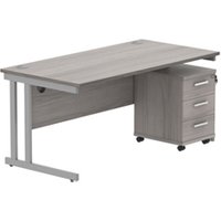 TC Office Double Upright Rectangular Desk + 3 Drawer Mobile Under Desk Pedestal - 1600x800 - Alaskan Grey Oak/Silver