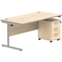 Single Upright Rectangular Desk + 3 Drawer Mobile Under Desk Pedestal | 1600X800 | Canadian Oak/Silver