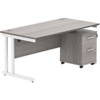 TC Office Double Upright Rectangular Desk + 2 Drawer Mobile Under Desk Pedestal - 1600x800 - Alaskan Grey Oak/White