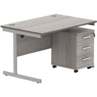 Single Upright Rectangular Desk + 3 Drawer Mobile Under Desk Pedestal | 1200X800 | Alaskan Grey Oak/Silver