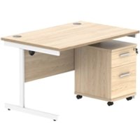 Single Upright Rect Desk + 2 Drawer Mobile Ped 1200X800 Oak White