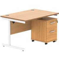 Single Upright Rectangular Desk + 2 Drawer Mobile Under Desk Pedestal | 1200X800 | Norwegian Beech/White
