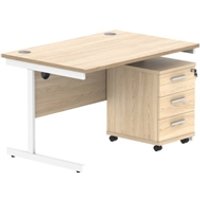 Single Upright Rect Desk + 3 Drawer Mobile Ped 1200X800 Oak White