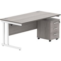 TC Office Double Upright Rectangular Desk + 3 Drawer Mobile Under Desk Pedestal - 1600x800 - Alaskan Grey Oak/White