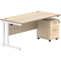 Double Upright Rect Desk + 2 Drawer Mobile Ped 1600X800 Oak White