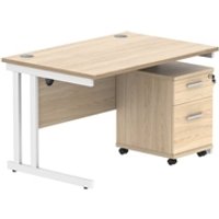 Double Upright Rect Desk + 2 Drawer Mobile Ped 1200X800 Oak White