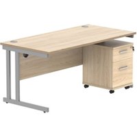 Double Upright Rect Desk + 2 Drawer Mobile Ped 1600X800 Oak Silver