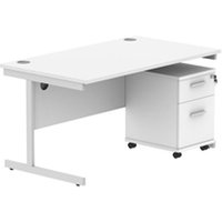 Single Upright Rect Desk + 2 Drawer Mobile Ped 1400X800 White Silver