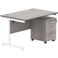Single Upright Rectangular Desk + 3 Drawer Mobile Under Desk Pedestal | 1200X800 | Alaskan Grey Oak/White