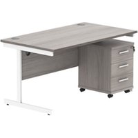 Single Upright Rectangular Desk + 3 Drawer Mobile Under Desk Pedestal | 1400X800 | Alaskan Grey Oak/White