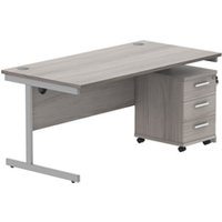 Single Upright Rectangular Desk + 3 Drawer Mobile Under Desk Pedestal | 1600X800 | Alaskan Grey Oak/Silver