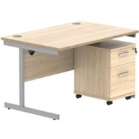 Single Upright Rectangular Desk + 2 Drawer Mobile Under Desk Pedestal | 1200X800 | Canadian Oak/Silver