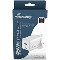MediaRange GaN Fast Charge Adapter UK Plug 1xUSB-C 1xUSB-A 45W White MediaRange GaN Fast Charge Adapter UK Plug 1xUSB-C 1xUSB-A 45W White