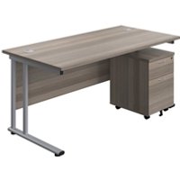 1600X800 Twin Rectangular Desk Oak Silver + Mobile 2 Drawer Ped