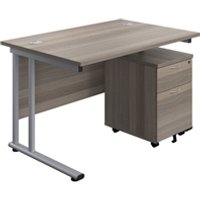 1200X800 Twin Rectangular Desk Oak Silver + Mobile 2 Drawer Ped