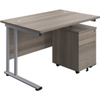 1200X800 Twin Rectangular Desk Oak Silver + Mobile 3 Drawer Ped