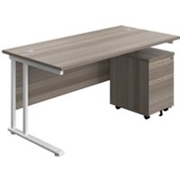 1600X800 Twin Rectangular Desk Grey Oak + Mobile 2 Drawer Ped