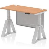 Air 1200x600 Sit Stand Desk Oak Ports Silver Leg Modesty Panel Piste