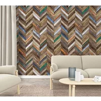 Fotobehang Visgraat Planken - Bruin - Vergrijsd Hout - Blauw - Groen - Oranje - 2,70m X 159cm