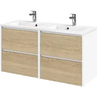 Tiger Wastafelonderkast Reverse 119cm - Naturel Eik Mat Wit - Met 4 Lades - Met Hoogglans Witte Wastafel - 119,4x60x45cm