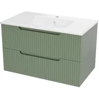 Aurlane Wastafelonderkast Emilien 50cm - Olijfgroen Mat - Met 2 Lades - Met Mat Witte Wastafel