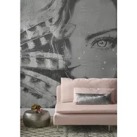 Fotobehang Vrouwengezicht Met Veren 14186 - Grijs - 2,70m X 300cm