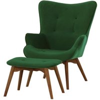 Ducon Velvet Wingback Chair + Footstool, green, Leg colour: dark oak