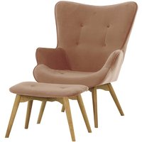 Ducon Velvet Wingback Chair + Footstool, dirty pink, Leg colour: like oak