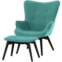 Ducon Velvet Wingback Chair + Footstool, light blue, Leg colour: black