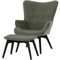 Ducon Velvet Wingback Chair + Footstool, grey, Leg colour: black