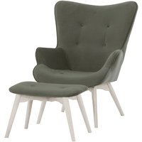 Ducon Velvet Wingback Chair + Footstool, grey, Leg colour: white