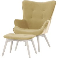 Ducon Velvet Wingback Chair + Footstool, beige, Leg colour: white