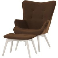 Ducon Velvet Wingback Chair + Footstool, brown, Leg colour: white